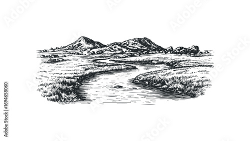 Winding river flows through grassy meadow towards distant hills. Vector hand drawn illustration
