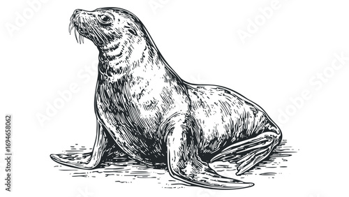 Engraved Sea Lion on Transparent Background. Vector hand drawn illustration