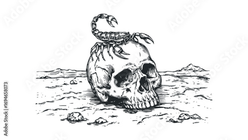 Scorpion on human skull in barren landscape. Vector hand drawn illustration