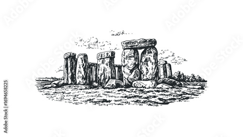 Ancient stone monument, monolithic structure, prehistoric landmark, archaeological site. Vector hand drawn illustration