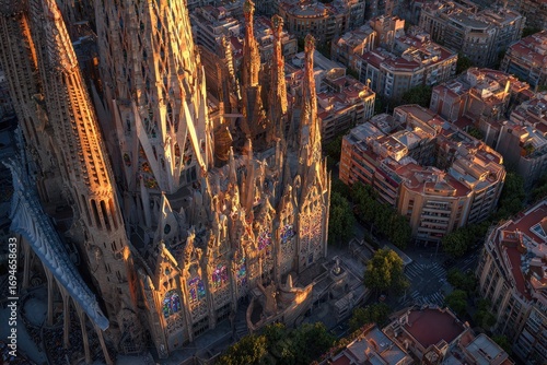 Aerial view of Sagrada Familia at sunset