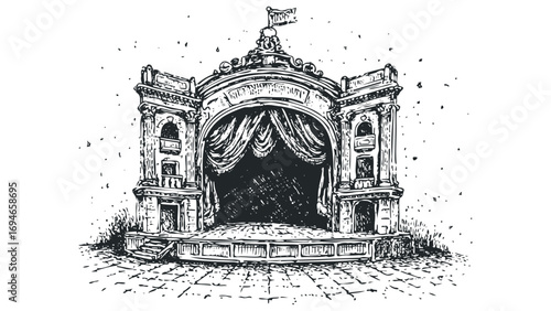 Vintage theatre facade with ornate details and draped curtains. Vector hand drawn illustration
