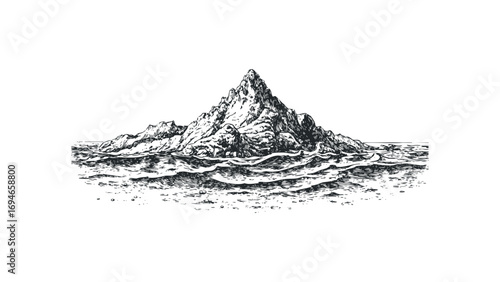 Ink Drawing of Rugged Mountain Peak Emerging from Rough Seas. Vector hand drawn illustration