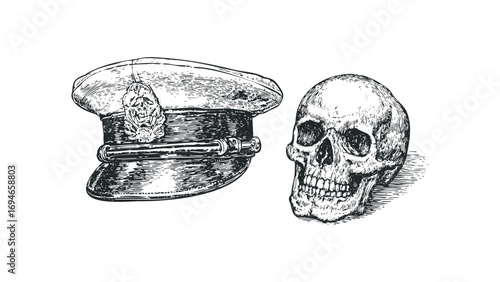 Engraved black and white skull and cap on a transparent. Vector hand drawn illustration