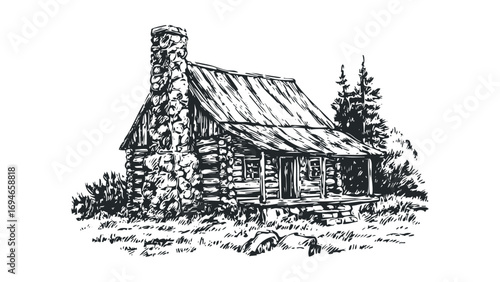 Rustic log cabin with stone chimney and porch on transparent. Vector hand drawn illustration