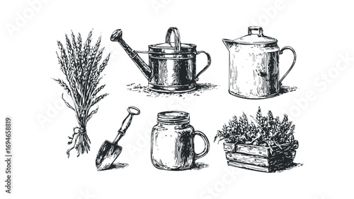 Hand drawn sketch of gardening tools, jar and wheat bunch. Vector hand drawn illustration