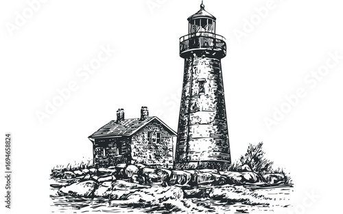 Pen and ink sketch of a stone lighthouse and keeper's cottage isolated on a rocky shore. Vector hand drawn illustration