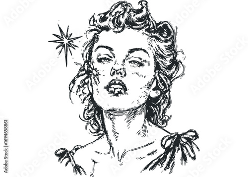 Hand drawn portrait of a woman with flowing hair and a star emblem. Vector hand drawn illustration