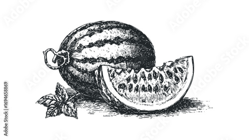 Hand drawn whole watermelon and slice with mint leaves, transparent. Vector hand drawn illustration