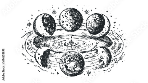 Lunar cycle progression shown as vintage etched celestial spheres on transparent background. Vector hand drawn illustration