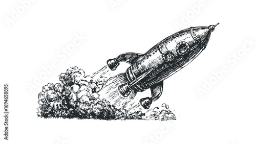 Vintage rocket launch with smoke trails. Vector hand drawn illustration