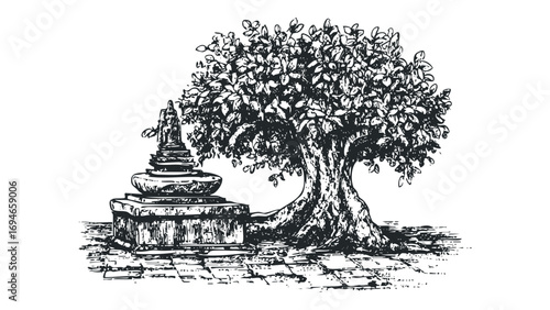 Monochromatic drawing of a large tree and a stupa on stone pavement. Vector hand drawn illustration