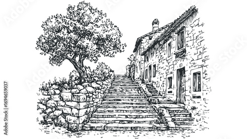 Sketch of stone stairway beside weathered building and leafy tree. Vector hand drawn illustration