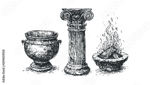 Ancient column with ritual urn and burning fire. Vector hand drawn illustration