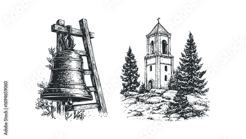 Woodcut Style Bell on Wooden Frame and Tower Amidst Pine Trees. Vector hand drawn illustration