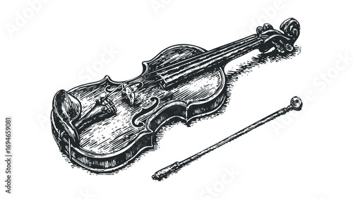 Engraved Style Violin and Bow Image Isolated. Vector hand drawn illustration