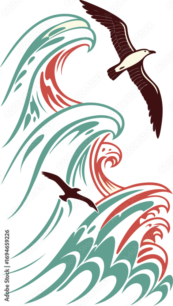 Obraz premium Birds flying over stylized ocean waves vector