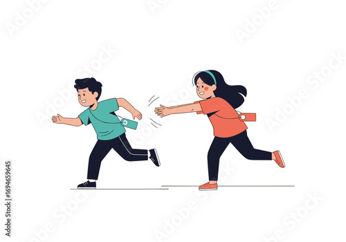 Two children playing a chasing game in a park having fun together outdoors