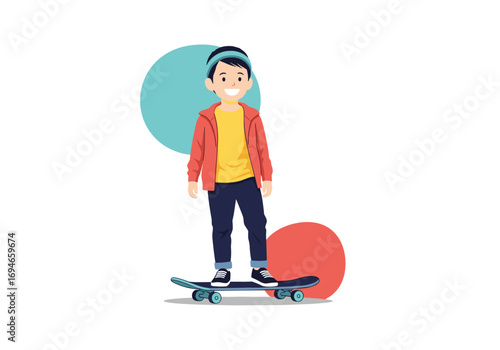 A happy young boy is standing on a skateboard enjoying a sunny day with colorful abstract circles in the background
