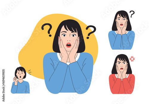 Illustrations of a woman expressing various emotions including confusion surprise and anger with question marks above her head