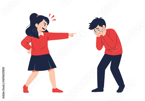 A young girl points her finger angrily at a boy who is crying and looking sad depicting bullying and peer conflict