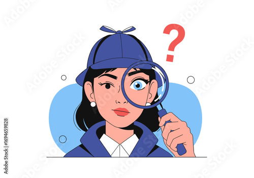 Curious detective woman investigating mysteries with magnifying glass and question mark symbol