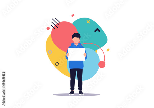Young person holding blank sign amidst abstract colorful shapes illustration for presentations