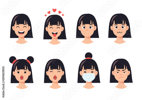 Collection of diverse facial expressions and emotions displayed by a young person with asian features