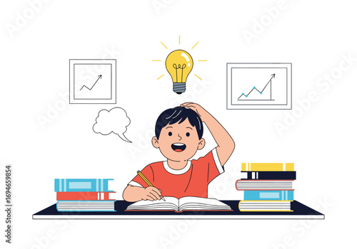 A young student experiences a bright idea while studying at a desk filled with books and charts