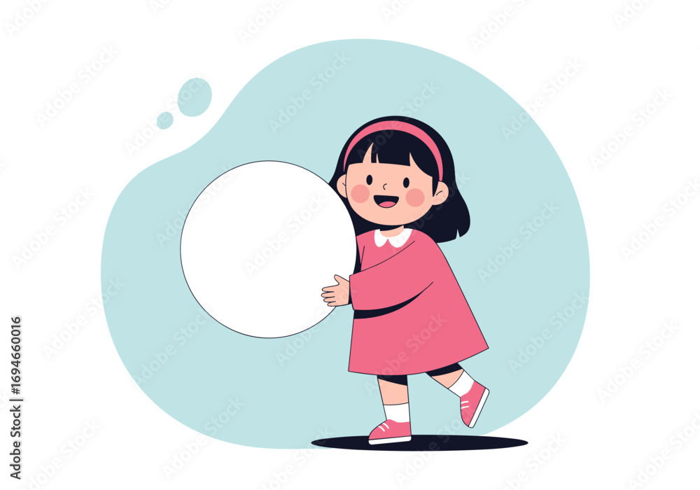 Fototapeta premium Happy young girl holding a blank white circle ready for text or design elements