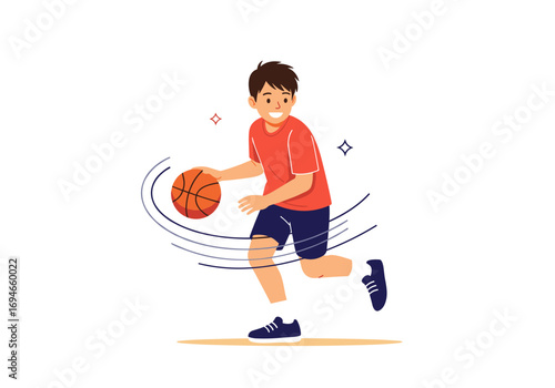 A young boy energetically dribbles a basketball during a fun outdoor sports activity