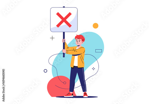 Illustrative depiction of a young man holding a sign with a red cross indicating a wrong answer or rejection in a flat design style
