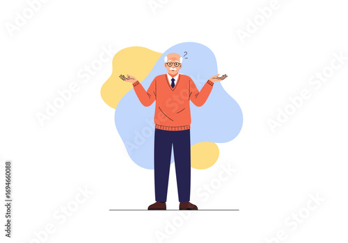 An older gentleman with a puzzled expression shrugs his shoulders with his hands in the air
