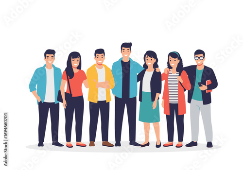 A diverse group of young people standing together showing unity and friendship in modern casual wear