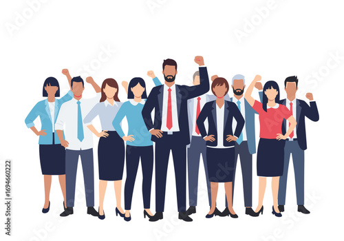 A diverse group of professionals celebrating success with raised fists and determined expressions