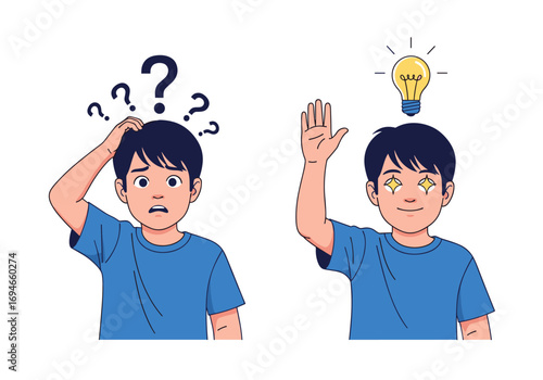 Confused young boy suddenly gets a brilliant idea and solves a problem with excitement