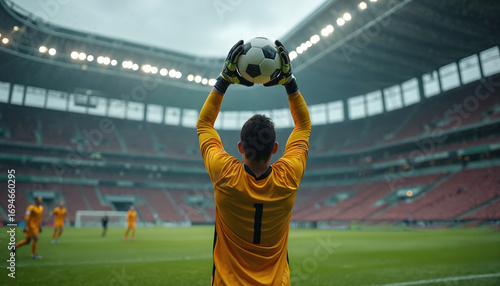 Goalkeeper catches ball during football game in stadium. Player wears yellow jersey, black gloves. Green grass field, blurred stadium background with lights. Team sport action.