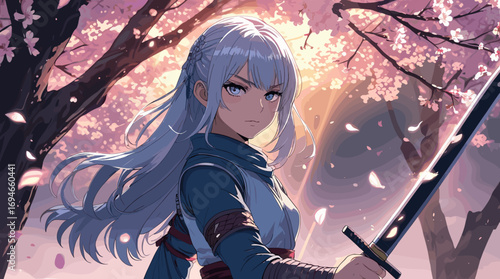 Anime warrior woman with determined expression holding sword in a cherry blossom forest