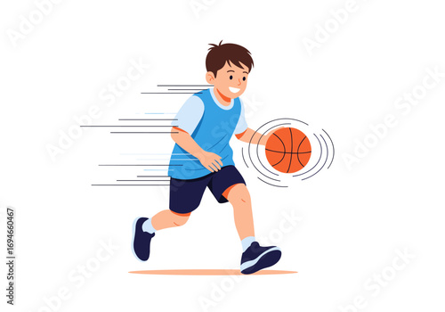 Young boy actively dribbling a basketball during a fast paced game outdoors enjoying athletic activity