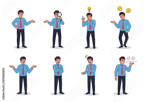 Business man expressing various emotions and poses for presentations and communications