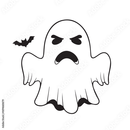 A simple black and white line drawing of an angry cartoon ghost with a small bat. This spooky vector illustration is isolated on a white background, perfect for Halloween designs