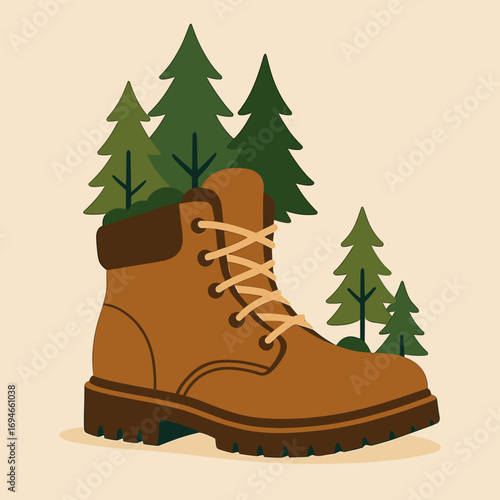 Hiking boot surrounded by green pine trees in a nature-themed illustration