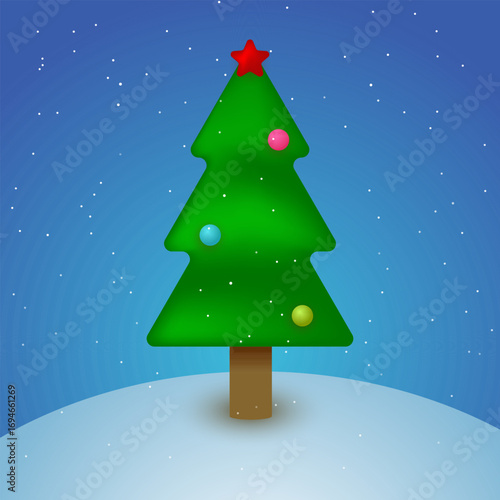 Christmas Tree with Star, Ornaments and Snow — Minimal Geometric Vector