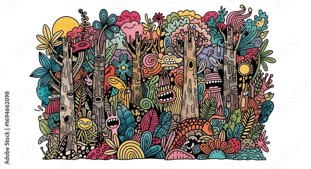 Fototapeta premium Whimsical Fantasy Forest Landscape, Doodle Art of a Magical Forest, Vibrant Monster Art