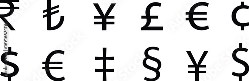 Global currency symbol vector set including dollar, euro, yen, pound, rupee, and more. Perfect for finance, banking, and international trade design. Minimal black money sign collection.