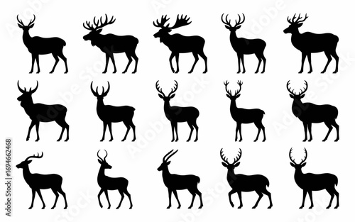 Vector art of collection of deer silhouettes in various poses