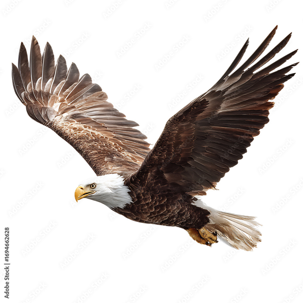 Fototapeta premium isolated bald eagle mid flight, wings fully extended, sharp beak detail, transparent background, stock PNG, textured grain