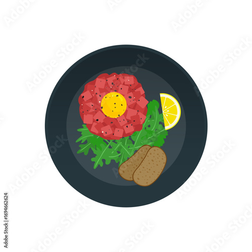 beef meat tartare egg yolk aruqula bread on the plate vector illustration