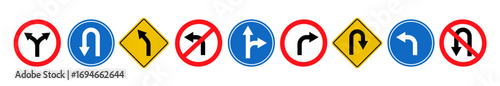 turn and u turn various road signs collection isolated on white background vector illustration
