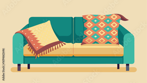 A mix of patterned throw pillows and a bohemianstyle blanket on a cozy couch inviting relaxation.